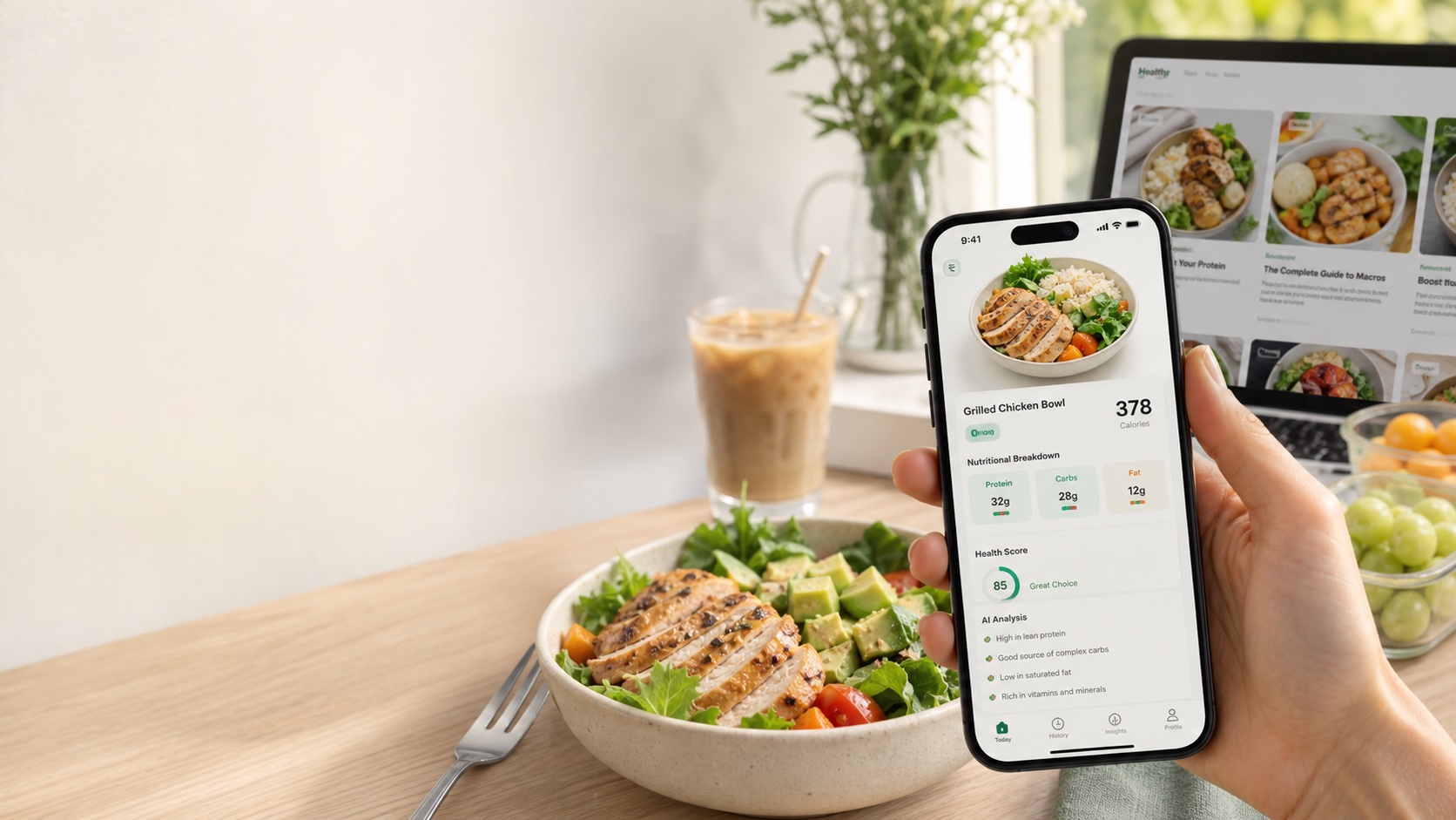 LeanEat food photo tracking shown on an iPhone with nutrition analysis cards