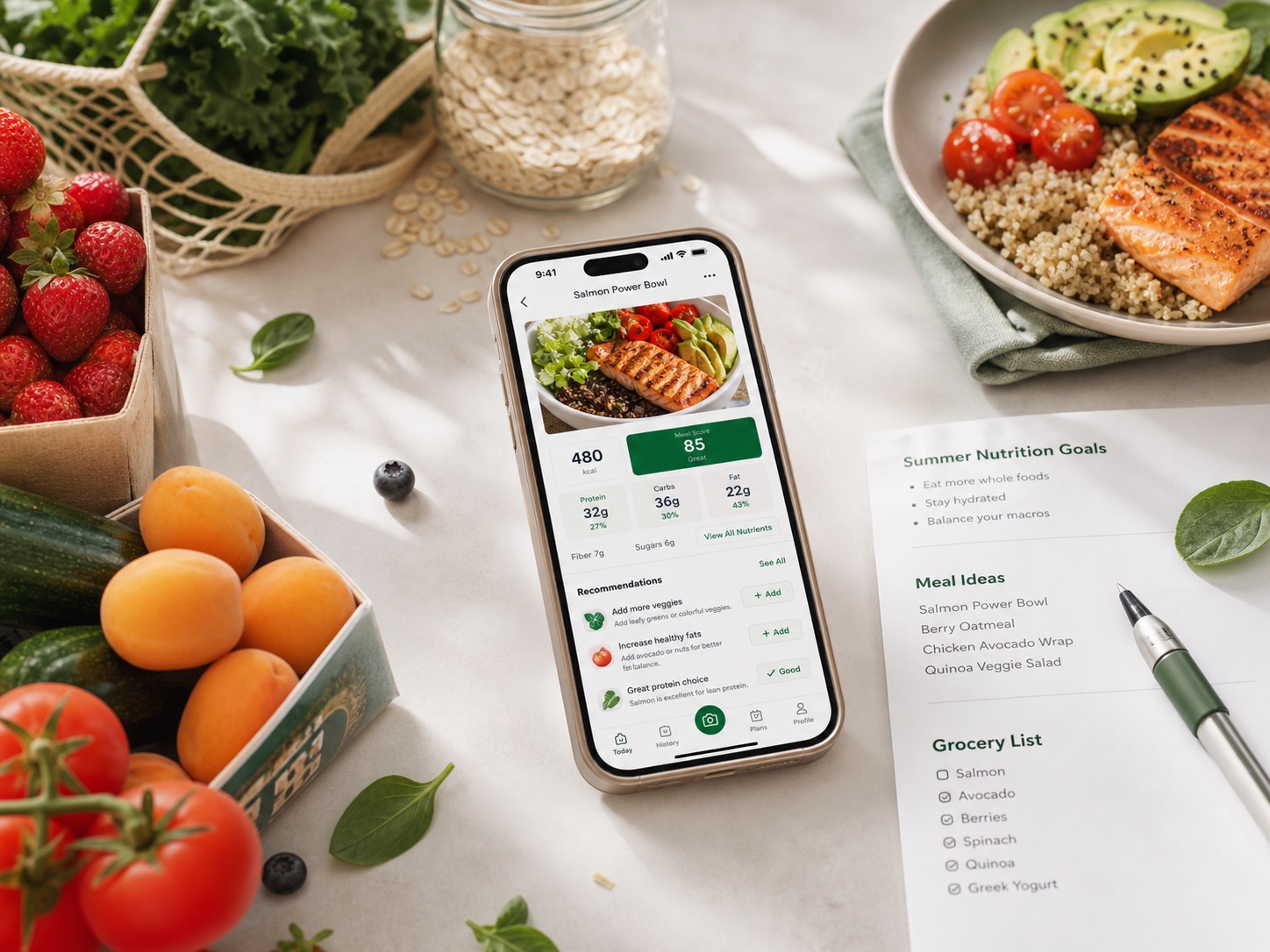 LeanEat nutrition library shown beside an iPhone meal analysis screen